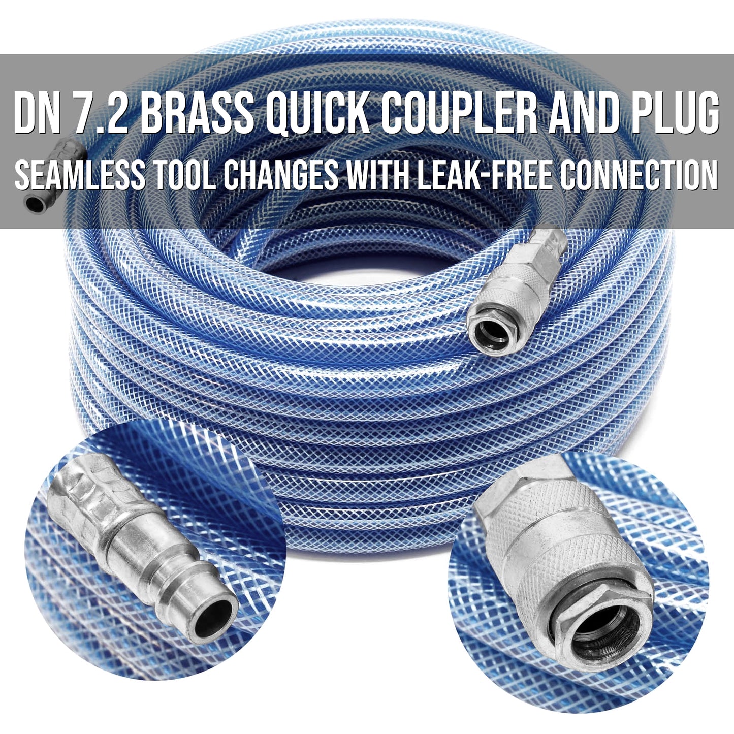 15 m / 50 ft Air Compressor Recoil Hose - 8 mm ID x 12 mm OD Reinforced PVC - Anti-Kink Pneumatic Hose with DN 7.2 Coupler & Plug