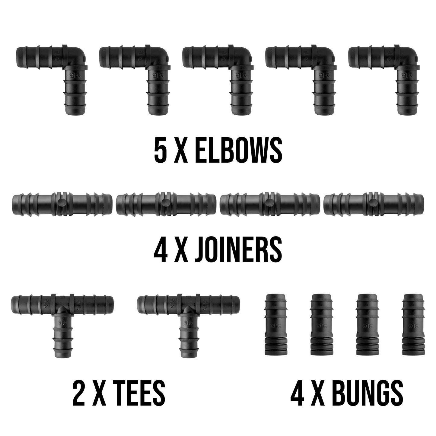 Irrigation Pipe Connectors Kit - Mixed Barb Fittings for 1/2" Hose Pipe - Elbows, Tees, Plugs, Joiners - Drip Irrigation Fittings