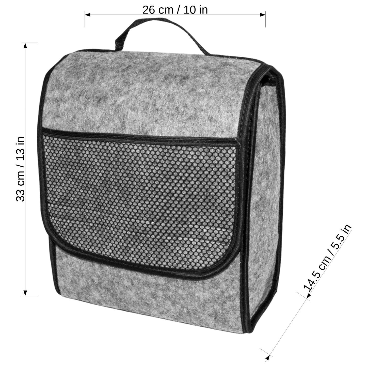 Car Boot Organiser Bag - Grey Felt Storage Box with Handle, Front Pocket, Hook-and-Loop Strips - 26 x 14.5 x 33 cm Car Trunk Case