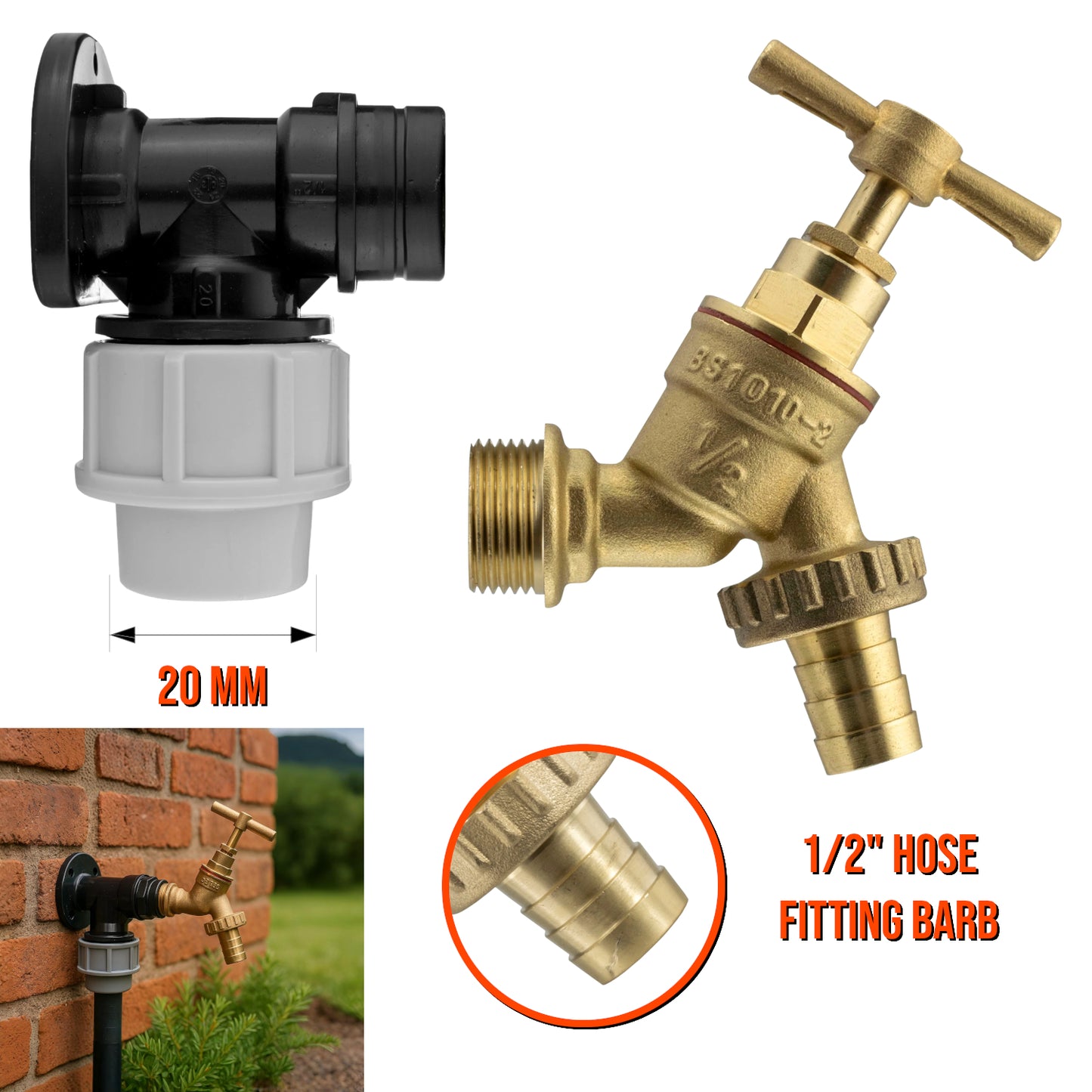 20mm MDPE Wall Flange Kit - Wall Plate Elbow with 1/2" Brass Garden Tap & Barb Hose Fitting - Easy to Install Water Hose Connector