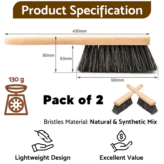 Set of 2 x Hand Brushes, Counter Brushes, Wooden Bench Brushes - Anti-Static Natural & Synthetic Bristles for Efficient Cleaning