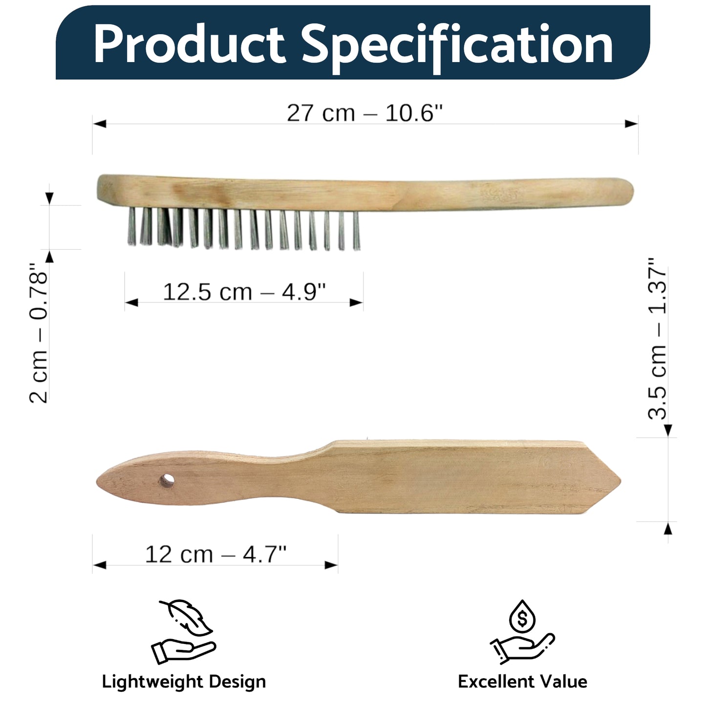 Set of 2 x Wire Brush, Heavy-Duty Handheld Steel Wire Brushes with Wooden Handle - Rust Remover - Tough Steel Wire Bristles