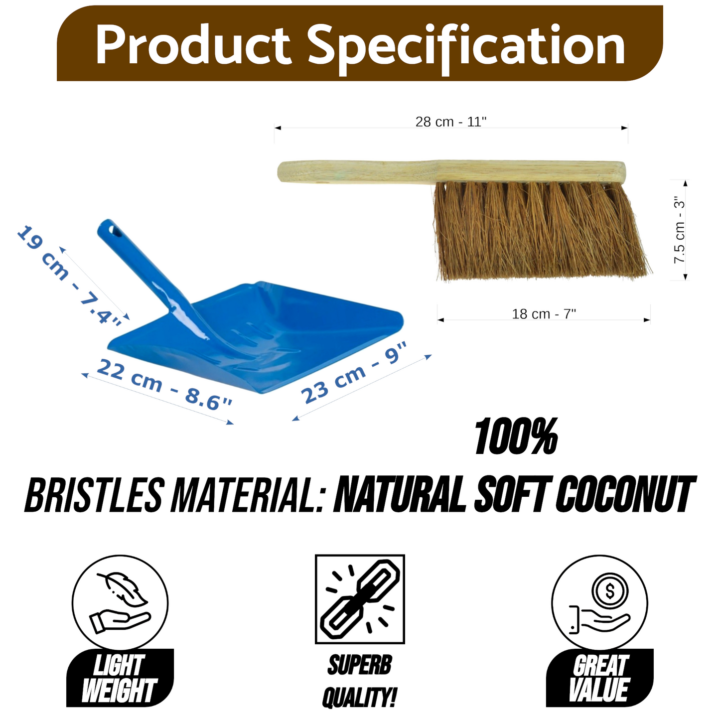 Soft Coco Hand Brush and Blue Metal Dustpan Set - Natural Coconut Bristles with Wooden Handle - Indoor Surface-Safe Cleaning Brush