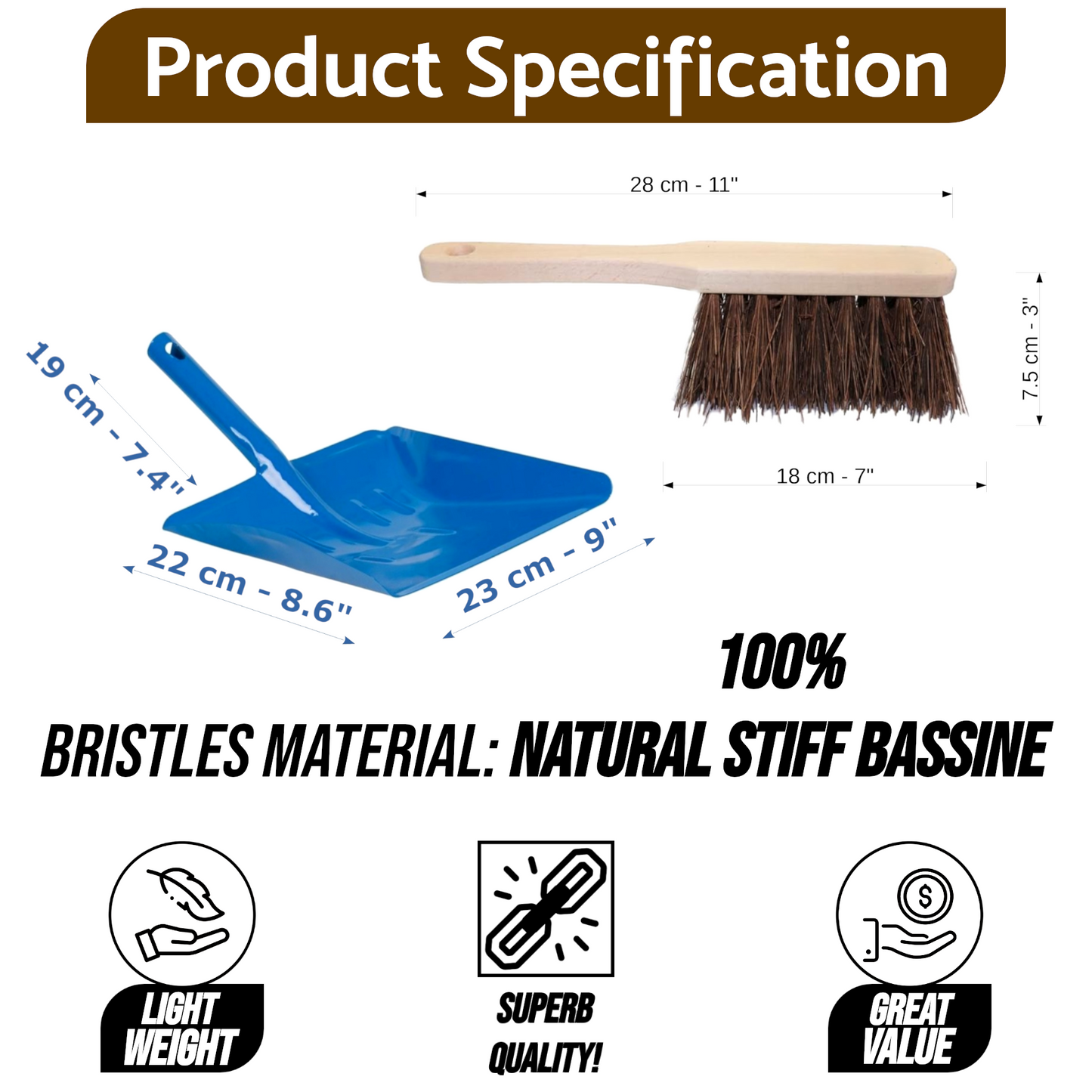 Stiff Bassine Hand Brush and Blue Metal Dustpan Set - 28cm Heavy Duty Wooden Scrubbing Brush with Hard Bristles and Steel Pan