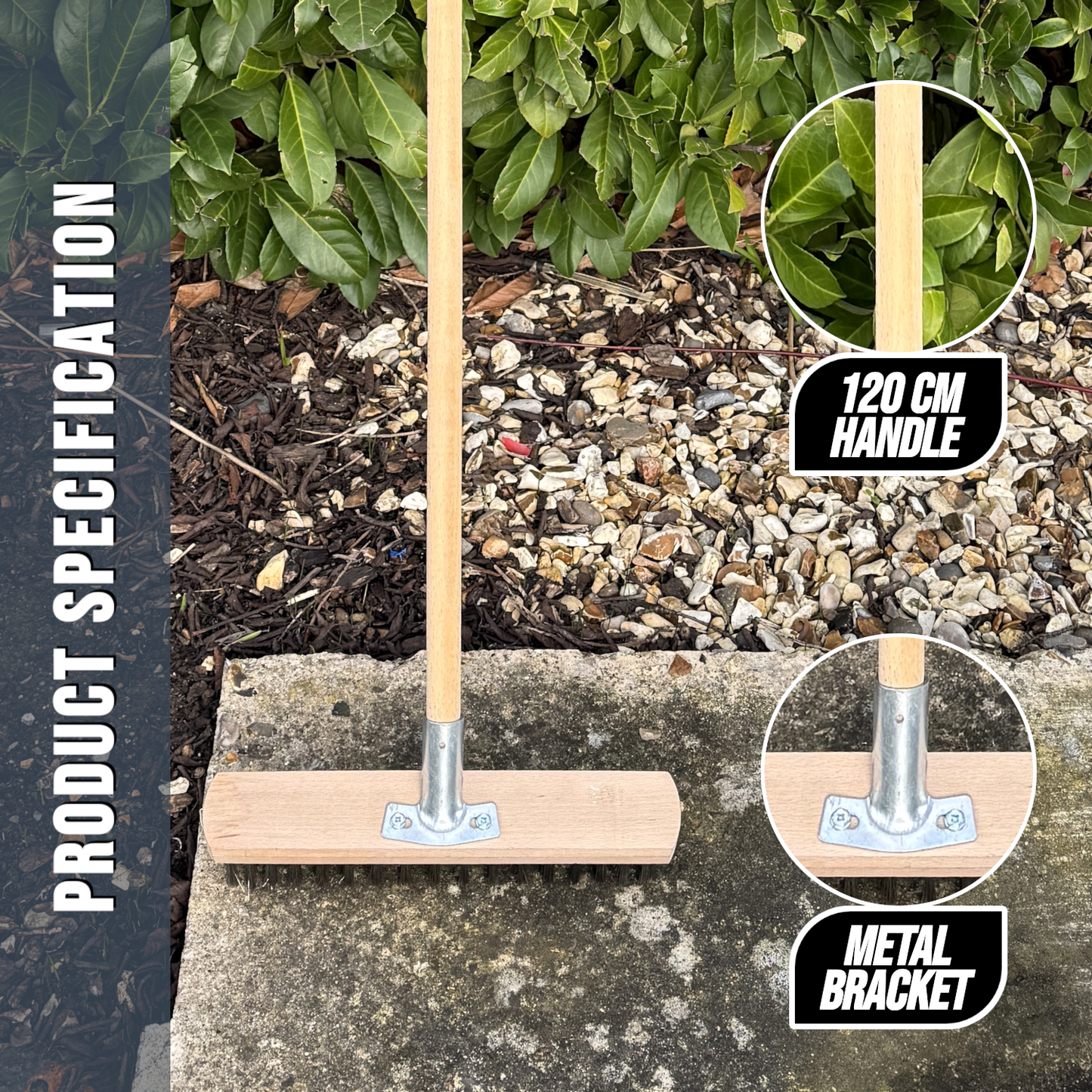 Heavy Duty Wire Broom Deck Scrub Brush with Handle, Garden Broom with Metal Wire Bristles - 30 cm / 12" Stiff Outdoor Brush