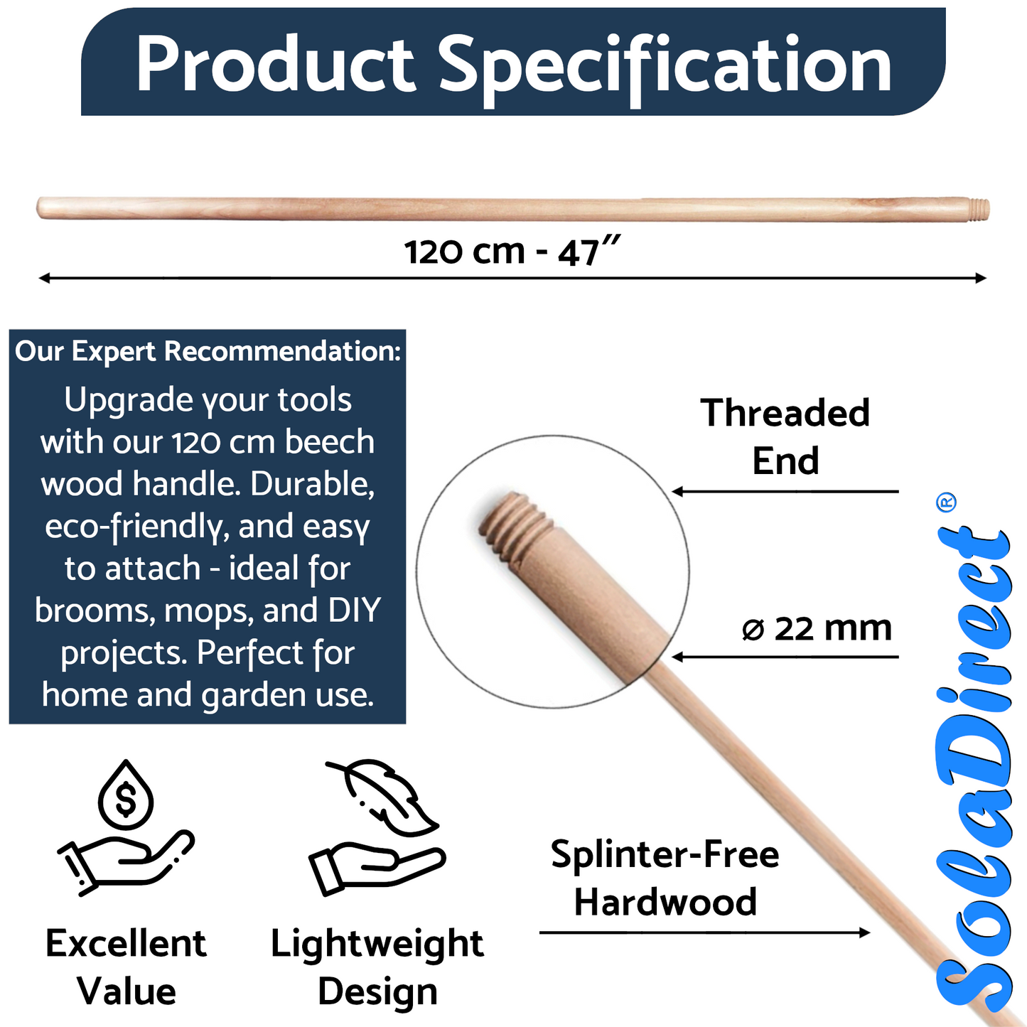 5 x Beech Wood Handle for Broom, Mop, Flag Pole, Plant Support - Threaded - 120 cm (3.94 ft) Long, 22 mm (7/8") Thick Shaft