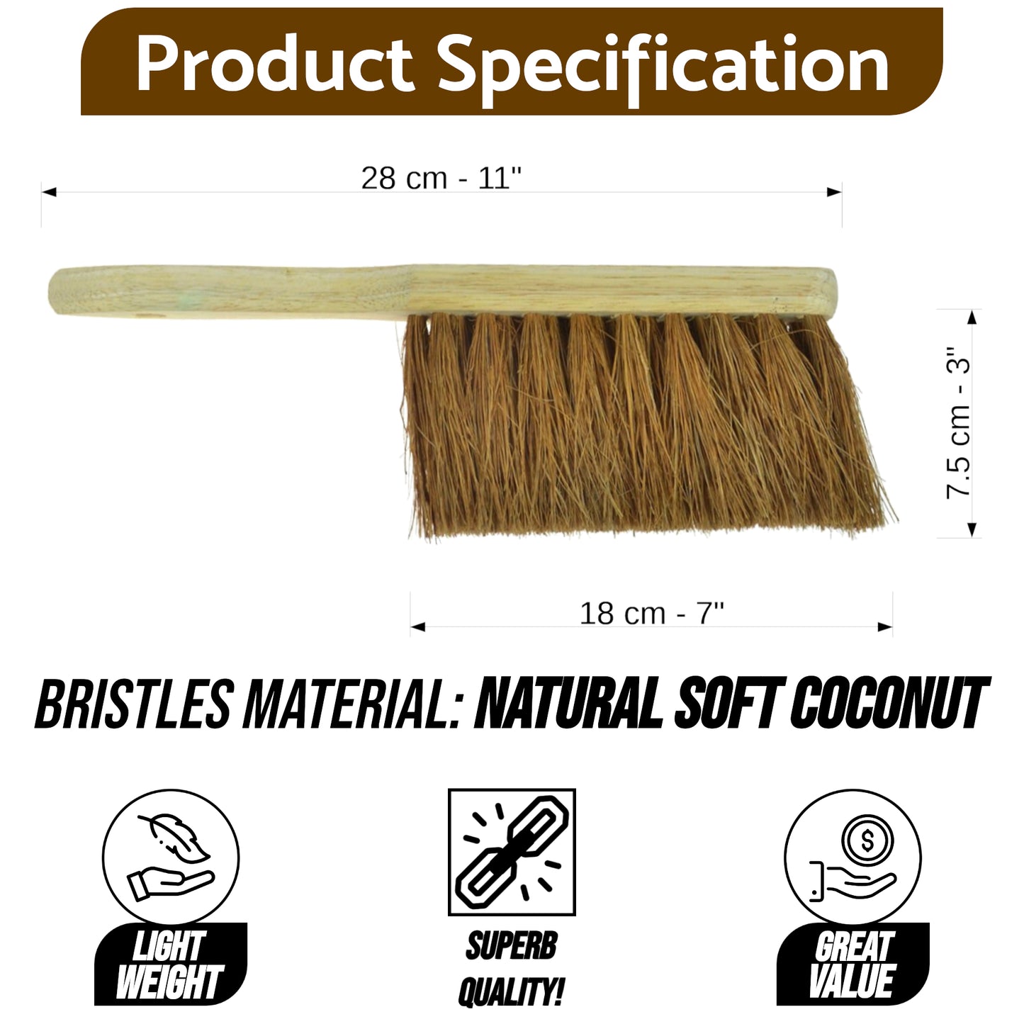 Soft Coco Hand Brush with Natural Coconut Bristles - 28cm Wooden Counter Bench Tabletop Cleaning Brush - Eco-Friendly Surface-Safe