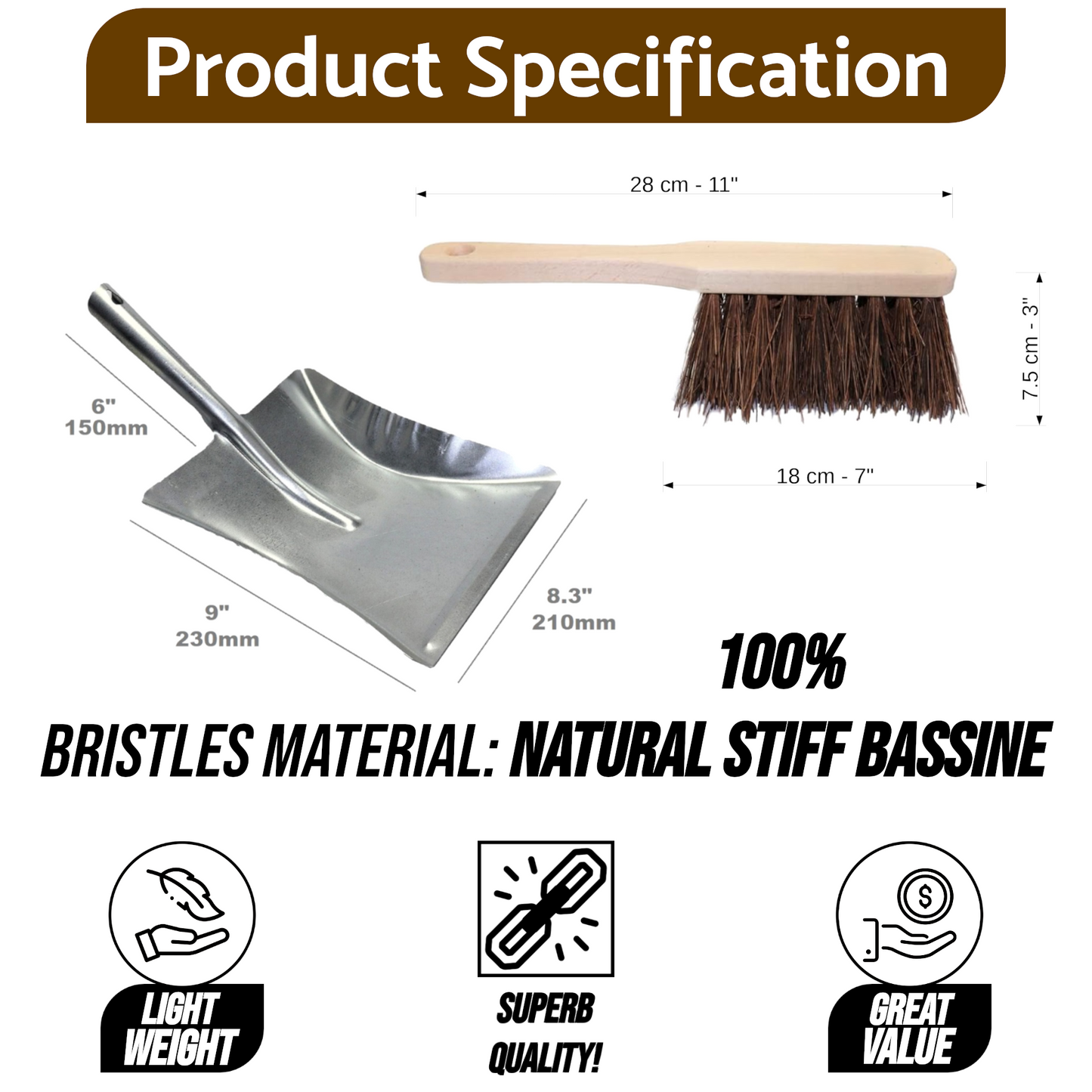 Stiff Bassine Hand Brush and Galvanised Metal Dustpan Set - 28cm Heavy Duty Wooden Scrubbing Brush with Hard Bristles and Pan