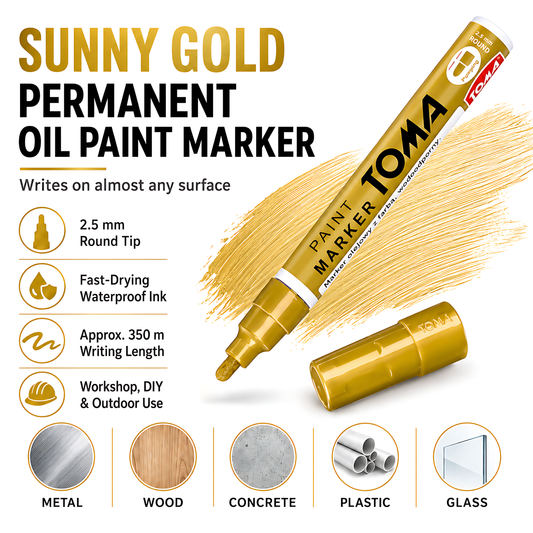 Gold Sunny Oil-Based Paint Marker Pen Permanent - 2.5mm Round Tip, Fast-Drying Waterproof Ink - Universal for All Surfaces