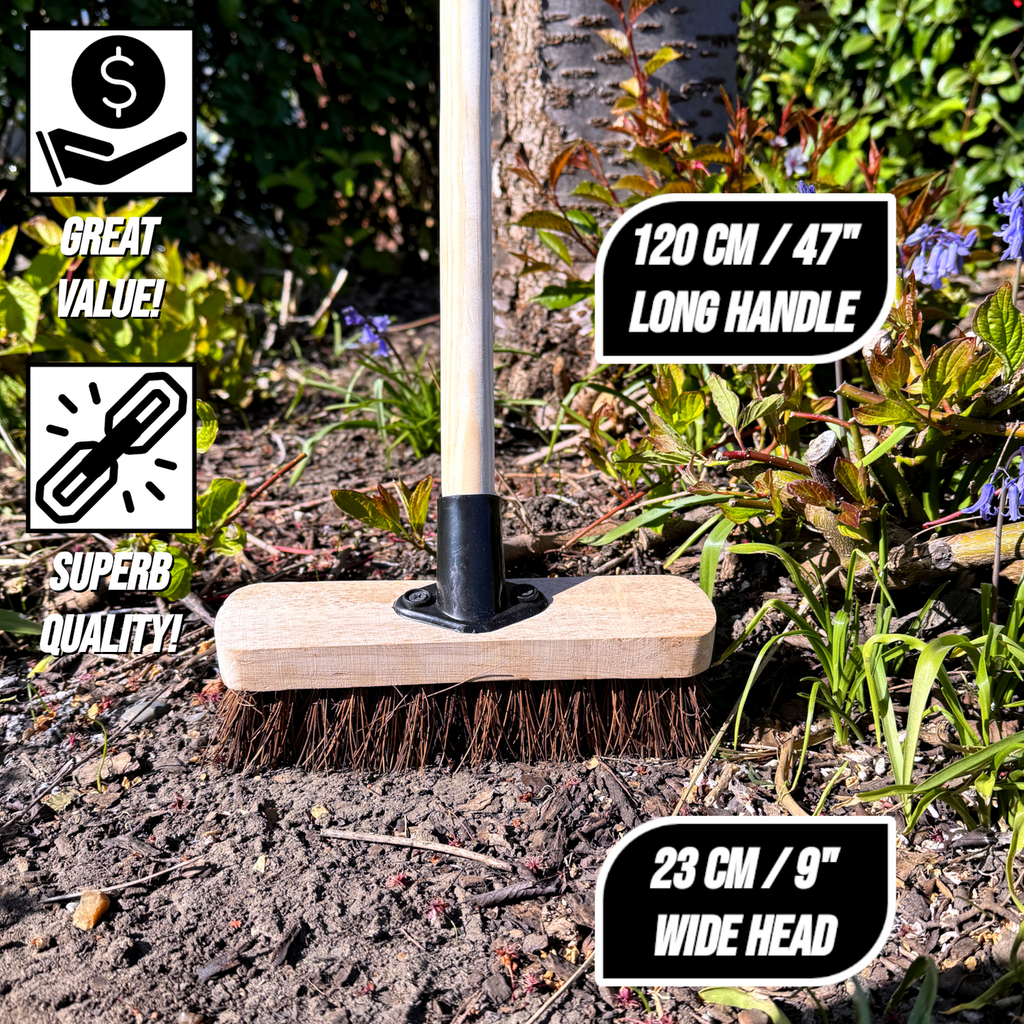 9" Deck Scrub Brush with Handle - Heavy Duty Outdoor Stiff Bassine Bristles Scrubbing Broom - Hard Brush for Decking Patio Garden