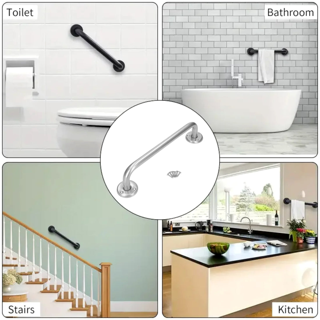 Bathroom Grab Bar for Elderly, Disabled, Seniors - 400 mm Silver Safety Handrail with Fixings - Powder Coated Steel Support Handle