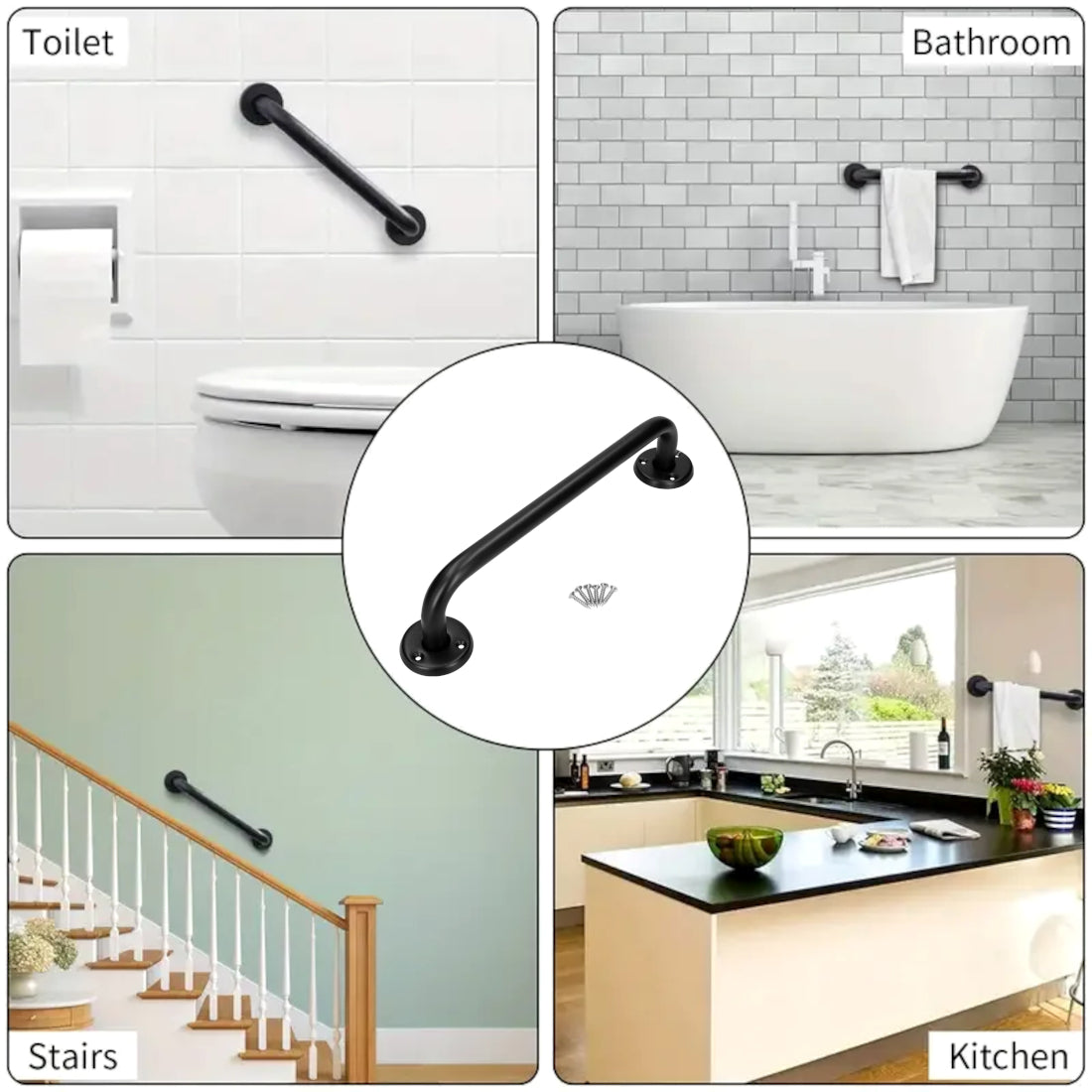 Bathroom Grab Bar for Elderly, Disabled, Seniors - 200 mm Black Safety Handrail with Fixings - Powder Coated Steel Support Handle