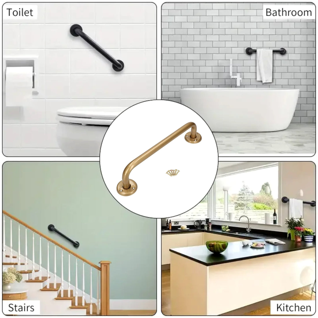 2 x Bathroom Grab Bar for Elderly, Disabled, Seniors - 200 mm Gold Safety Handrail & Fixings - Powder Coated Steel Support Handle