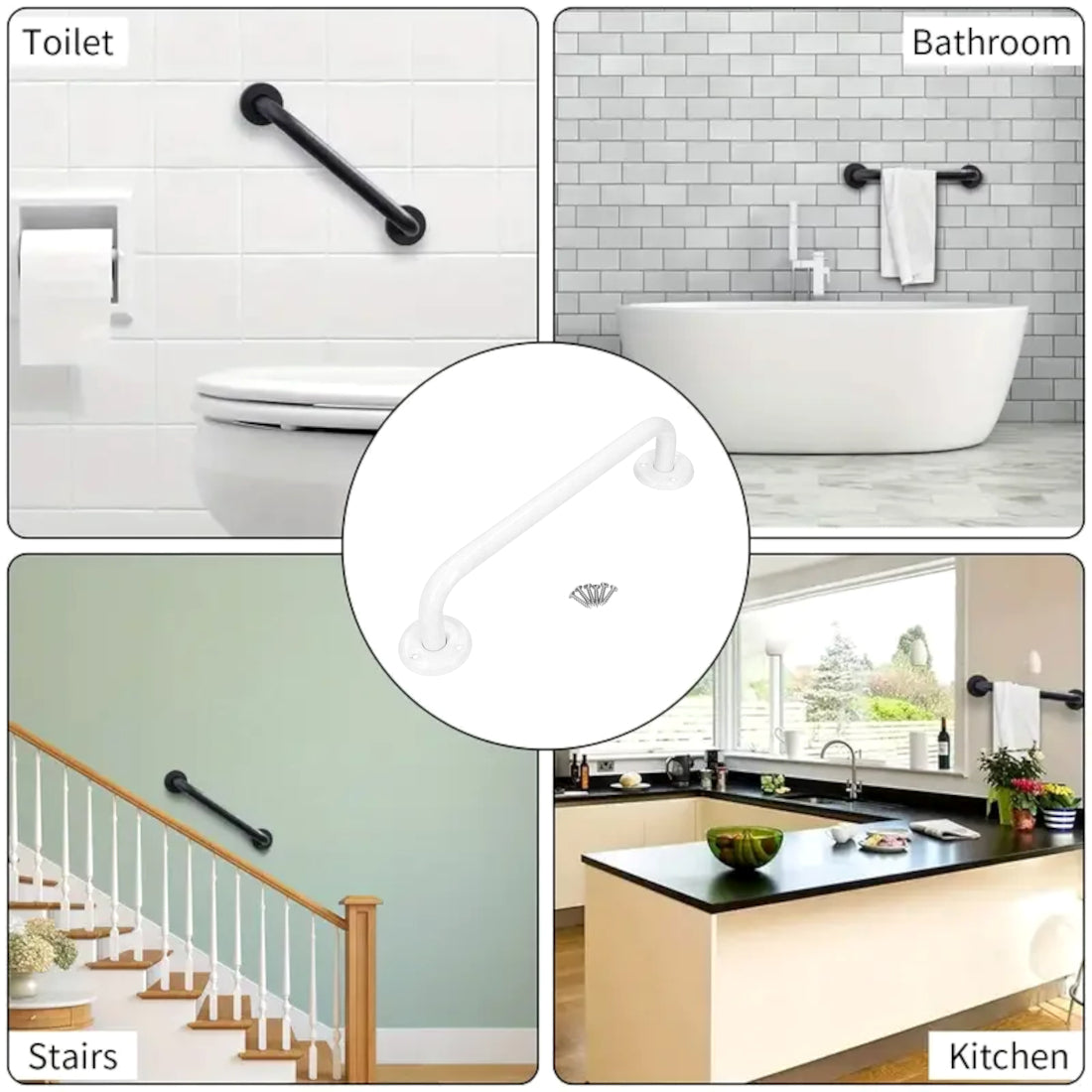 2 x Bathroom Grab Bar for Elderly, Disabled, Seniors - 300 mm White Safety Handrail & Fixings - Powder Coated Steel Support Handle