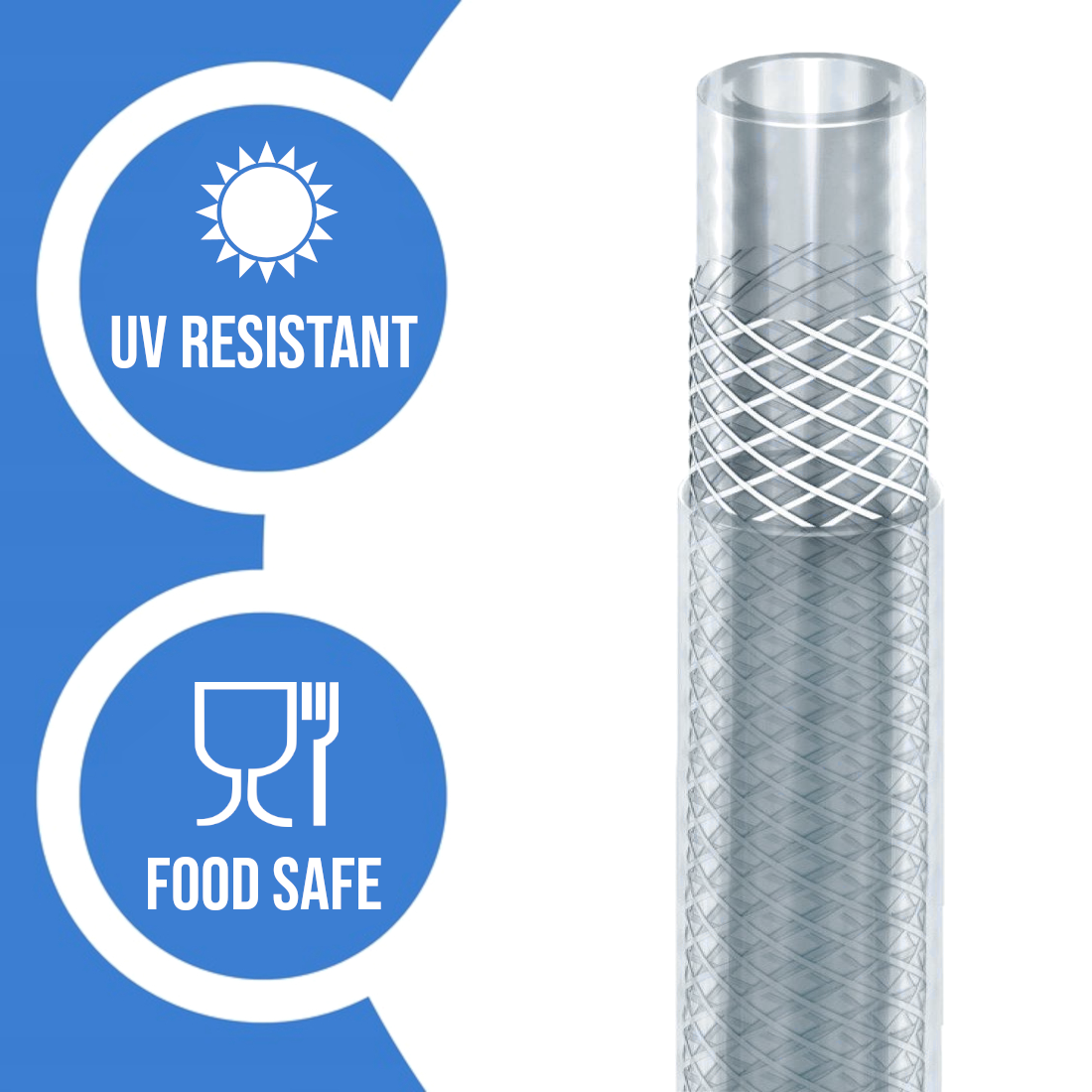 2 m of 10 mm ID Food Grade Reinforced Hose Pipe - 4-Layer PVC Tube for Water, Air - Braided Heavy Duty Pipe for Workshop, Garden