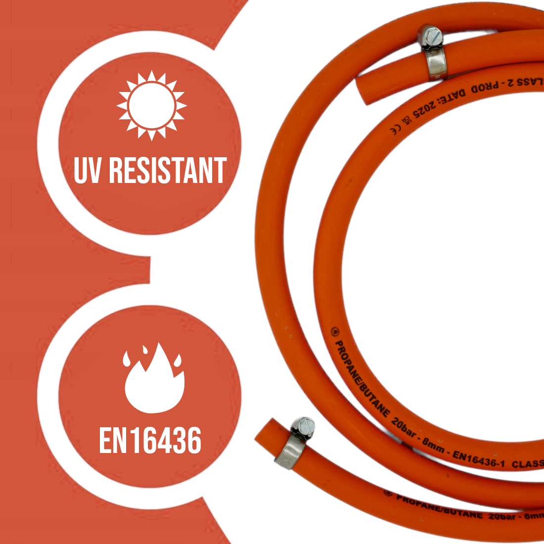 3m of LPG Gas Hose Pipe with 2 Clamps - 8mm 5/16" High-Pressure Propane/Butan Pipe - 2025 Dated EN16436-1 CLASS 2 Flame Retardant