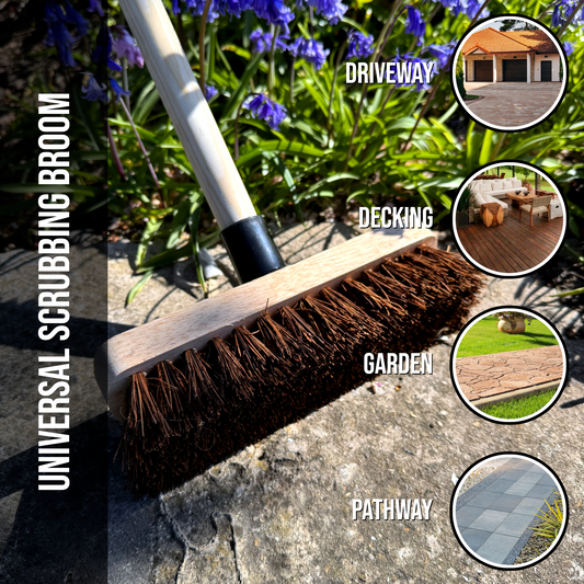 9" Deck Scrub Brush with Handle - Heavy Duty Outdoor Stiff Bassine Bristles Scrubbing Broom - Hard Brush for Decking Patio Garden