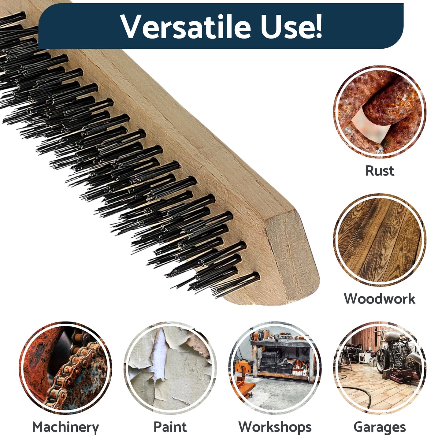 Set of 4 x Wire Brush, Heavy-Duty Handheld Steel Wire Brushes with Wooden Handle - Rust Remover - Tough Steel Wire Bristles