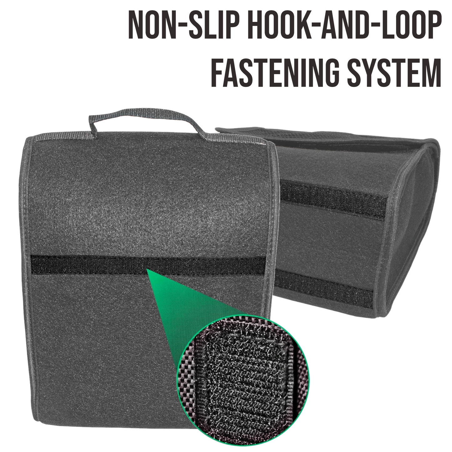 Car Boot Organiser Bag - Grey Felt Storage Box with Handle, Front Pocket, Hook-and-Loop Strips - 26 x 14.5 x 33 cm Car Trunk Case