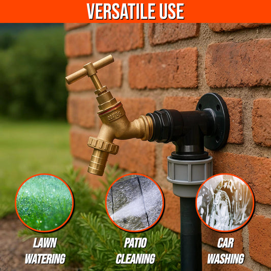 20mm MDPE Wall Flange Kit - Wall Plate Elbow with 1/2" Brass Garden Tap & Barb Hose Fitting - Easy to Install Water Hose Connector