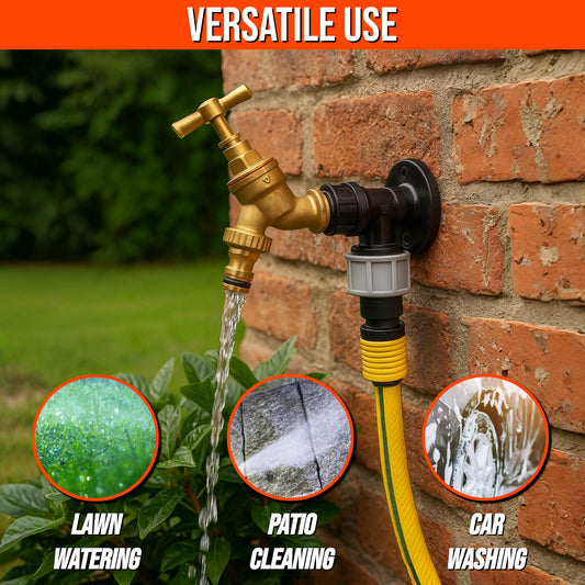 20mm MDPE Wall Flange Kit - Wall Plate Elbow with 1/2" Brass Garden Tap & Hozelock Compatible Hose Connector - Easy to Install