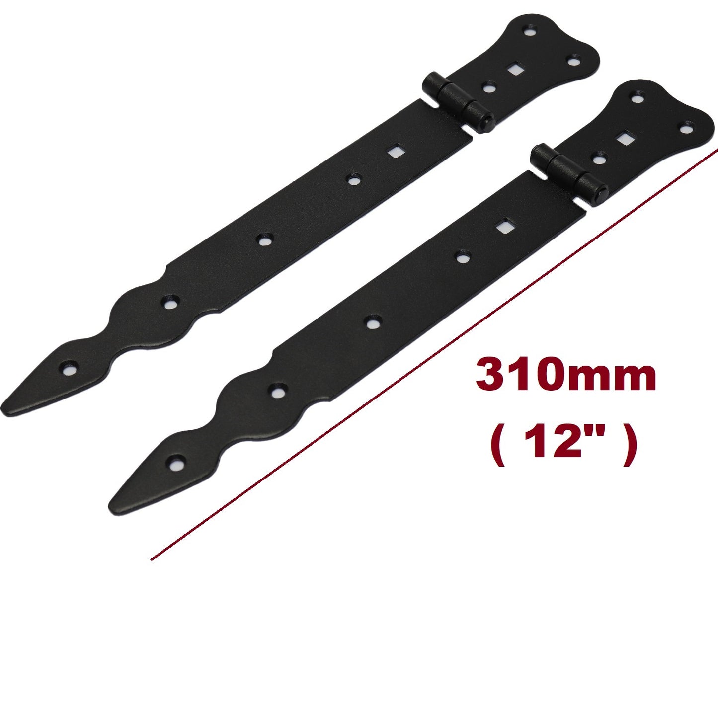 Pack of 2 x 250 mm Narrow T-Hinge Black, Retro Steel Tee Hinges, Weather Resistant, Rust Proof Powder Coating, T Strap Hinges