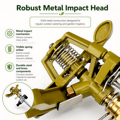 Pulsating Garden Sprinkler 360 Degree - Metal Impact Head, Adjustable Arc, Quick Connector Adaptor Compatible with Hozelock