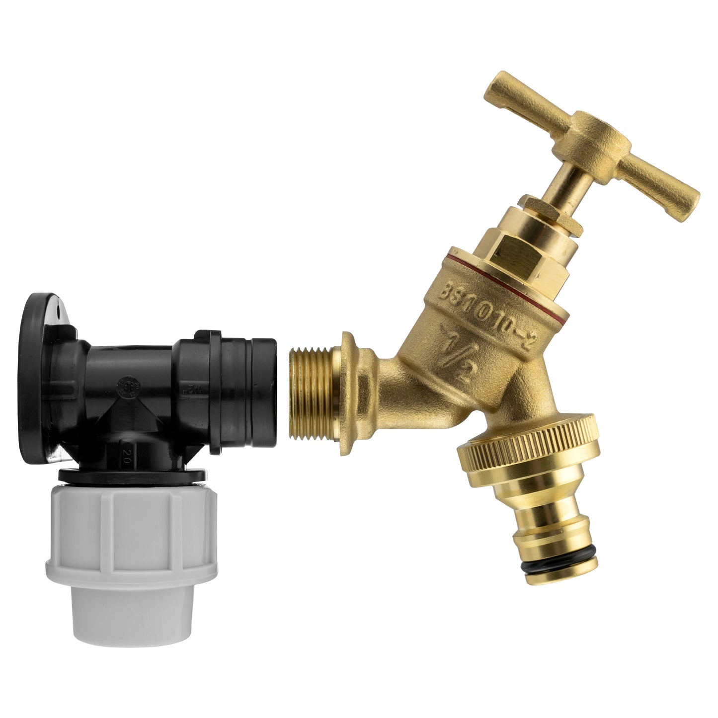 20mm MDPE Wall Flange Kit - Wall Plate Elbow with 1/2" Brass Garden Tap & Hozelock Compatible Hose Connector - Easy to Install