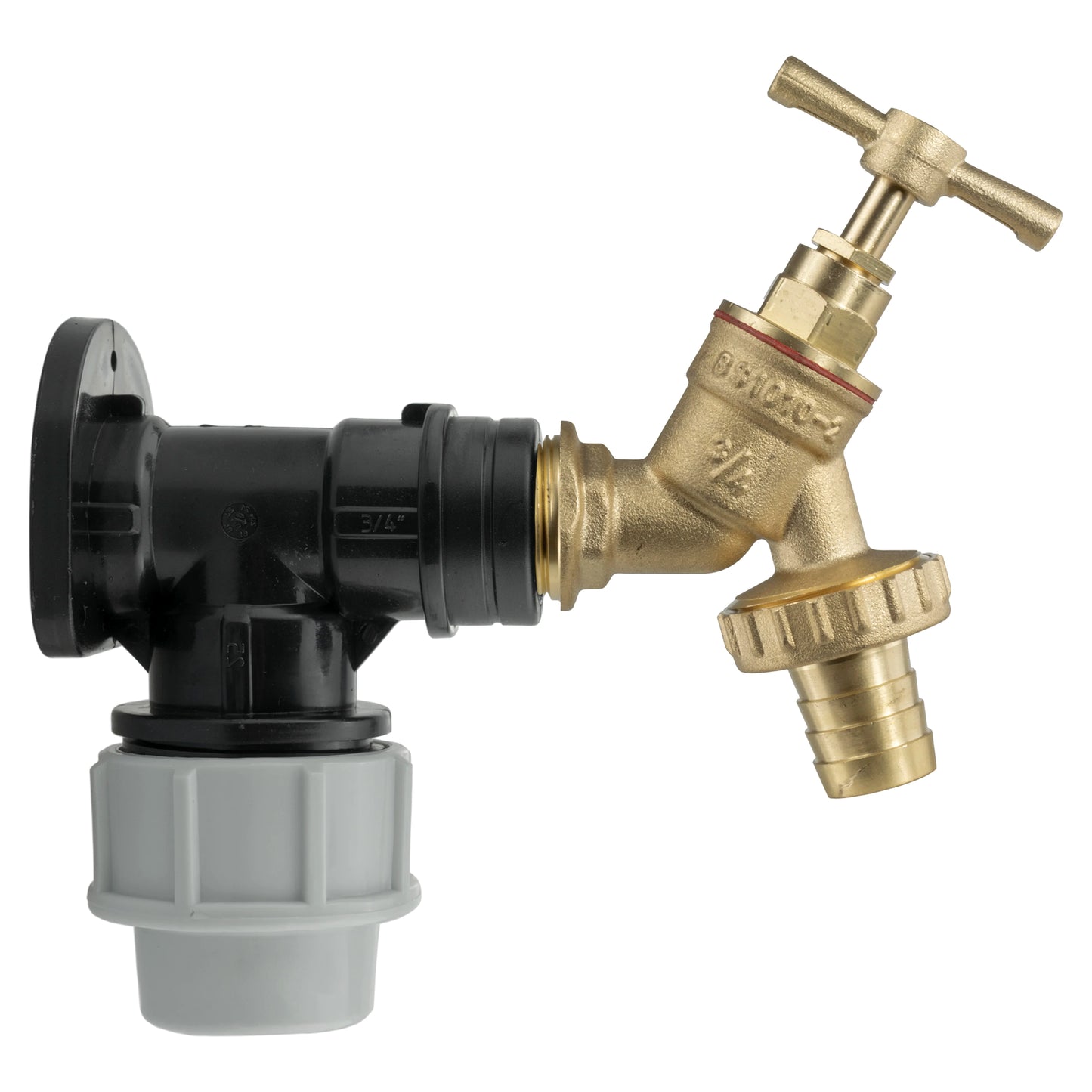 25mm MDPE Wall Flange Kit - Wall Plate Elbow with 3/4" Brass Garden Tap & Barb Hose Fitting - Easy to Install Water Hose Connector