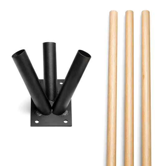 Triple Flag Pole Bracket Wall Mount with 3 x 120 cm - 47 Inch Wooden Poles - Black Powder Coated Steel 3 Tube Holder