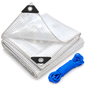 Clear Leno Tarpaulin 2m x 2m 100 GSM Waterproof, 10m Blue Bungee Rope, Light Transmitting, UV Resistant, Eyelets, Rubber Corners