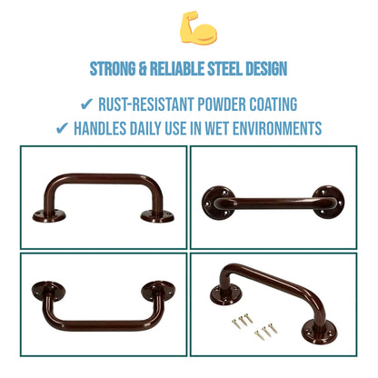 2 x Bathroom Grab Bar for Elderly, Disabled, Seniors - 200 mm Brown Safety Handrail & Fixings - Powder Coated Steel Support Handle