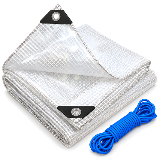 Clear Leno Tarpaulin 5m x 8m 100 GSM Waterproof, 10m Blue Bungee Rope, Light Transmitting, UV Resistant, Eyelets, Rubber Corners