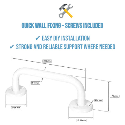 Bathroom Grab Bar for Elderly, Disabled, Seniors - 200 mm White Safety Handrail with Fixings - Powder Coated Steel Support Handle
