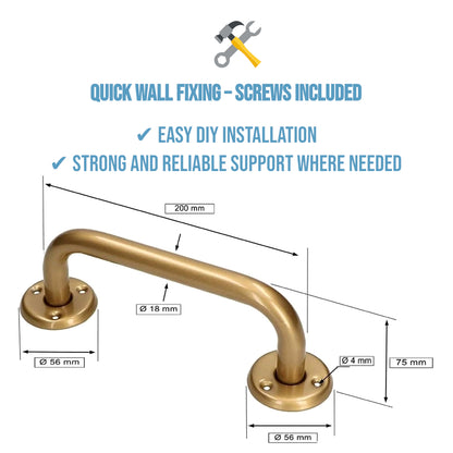 2 x Bathroom Grab Bar for Elderly, Disabled, Seniors - 200 mm Gold Safety Handrail & Fixings - Powder Coated Steel Support Handle