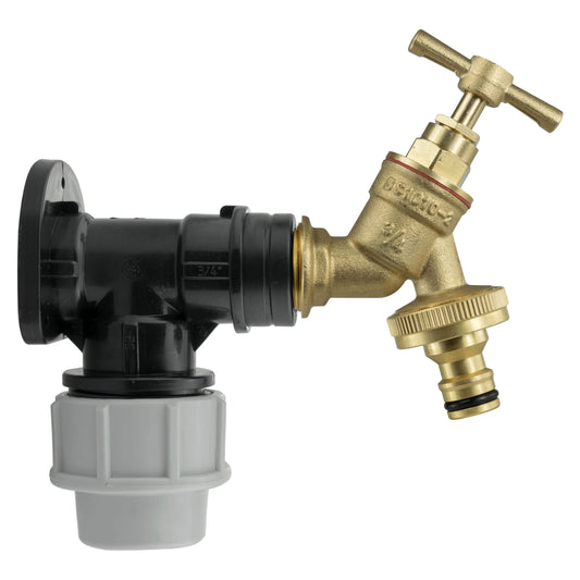 25mm MDPE Wall Flange Kit - Wall Plate Elbow with 3/4" Brass Garden Tap & Hozelock Compatible Hose Connector - Easy to Install