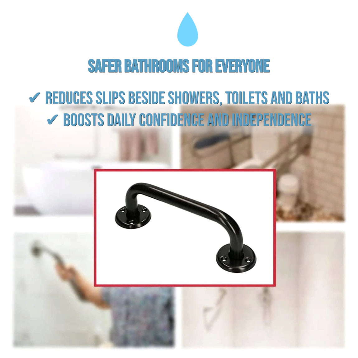 Bathroom Grab Bar for Elderly, Disabled, Seniors - 200 mm Black Safety Handrail with Fixings - Powder Coated Steel Support Handle