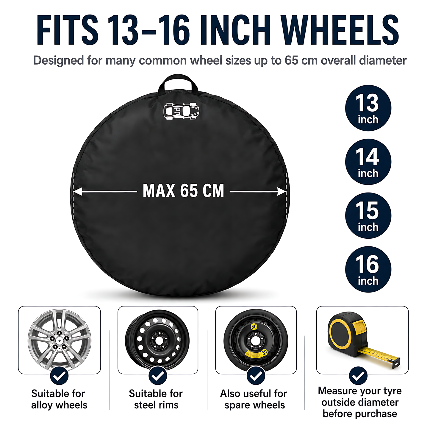 Wheel and Tyre Storage Bags 13-16 Inch - Set of 4 PP Covers with Labels and Carry Straps - Max 65cm - for Alloy and Steel Rims