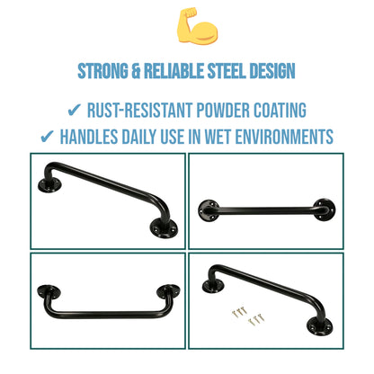 2 x Bathroom Grab Bar for Elderly, Disabled, Seniors - 300 mm Black Safety Handrail & Fixings - Powder Coated Steel Support Handle