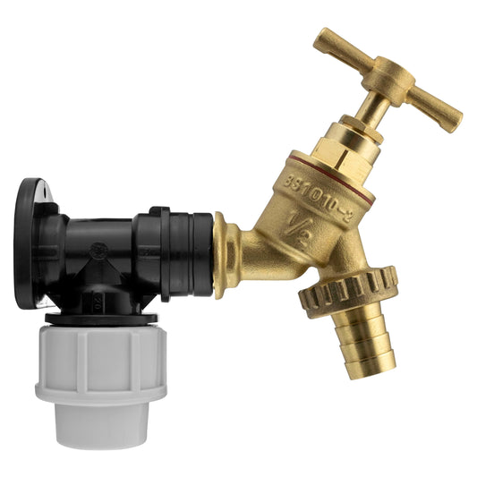 20mm MDPE Wall Flange Kit - Wall Plate Elbow with 1/2" Brass Garden Tap & Barb Hose Fitting - Easy to Install Water Hose Connector