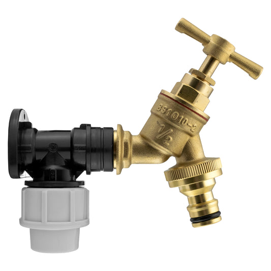 20mm MDPE Wall Flange Kit - Wall Plate Elbow with 1/2" Brass Garden Tap & Hozelock Compatible Hose Connector - Easy to Install