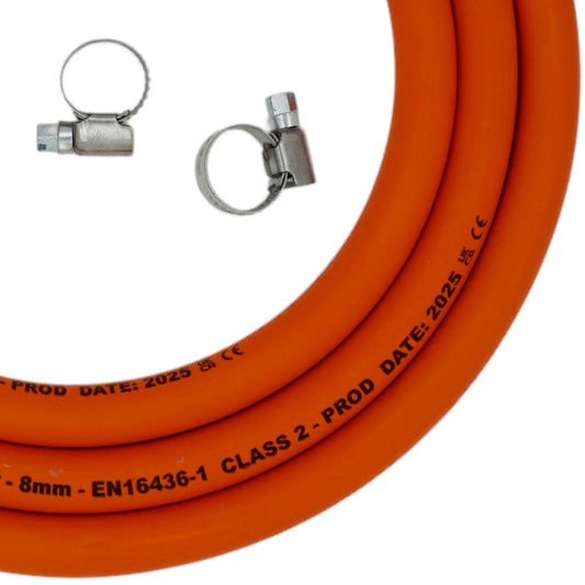 4m of LPG Gas Hose Pipe with 2 Clamps - 8mm 5/16" High-Pressure Propane/Butan Pipe - 2025 Dated EN16436-1 CLASS 2 Flame Retardant