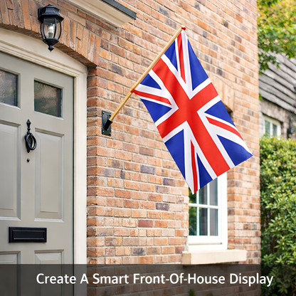 Wall Mounted Flag Pole Bracket with 120cm / 47" Wooden Pole - Black Powder Coated Heavy-Duty Steel Single Flag Holder