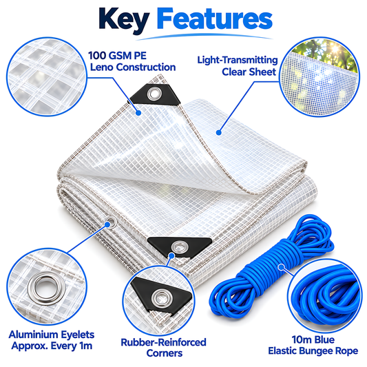 Clear Leno Tarpaulin 10m x 10m 100 GSM Waterproof, 10m Blue Bungee Rope, Light Transmitting, UV Resistant, Eyelets, Rubber Corners
