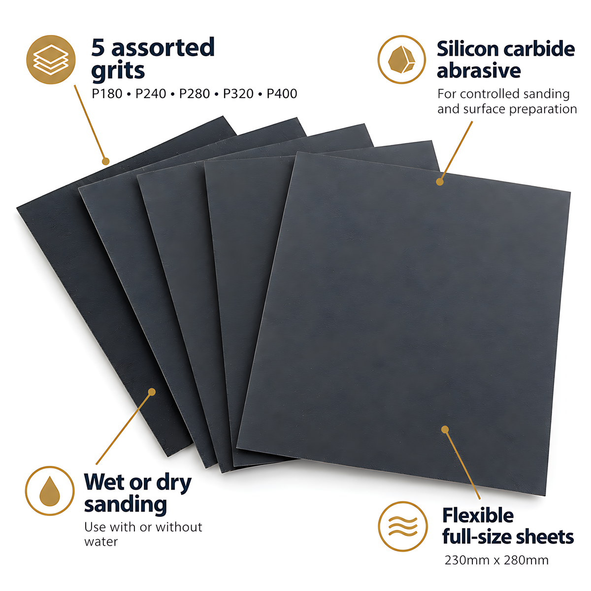 Wet and Dry Sandpaper 5 Sheets 230mm x 280mm P180 P240 P280 P320 P400 Waterproof Silicon Carbide for Car Bodywork