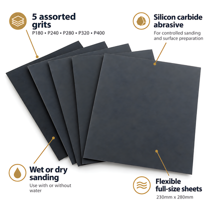 Wet and Dry Sandpaper 5 Sheets 230mm x 280mm P180 P240 P280 P320 P400 Waterproof Silicon Carbide for Car Bodywork