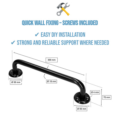 Bathroom Grab Bar for Elderly, Disabled, Seniors - 300 mm Black Safety Handrail with Fixings - Powder Coated Steel Support Handle