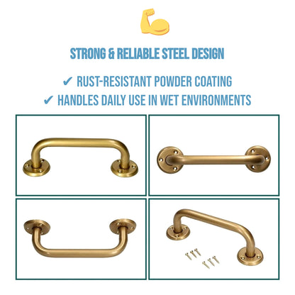 2 x Bathroom Grab Bar for Elderly, Disabled, Seniors - 200 mm Gold Safety Handrail & Fixings - Powder Coated Steel Support Handle