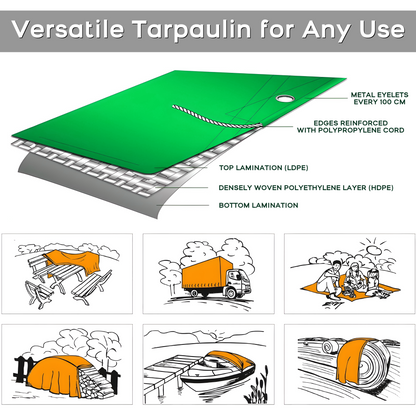 6 x 6 m Tarpaulin Cover - Green 90GSM - Waterproof, Frost-Resistant, UV Protection, Multipurpose, Groundsheet