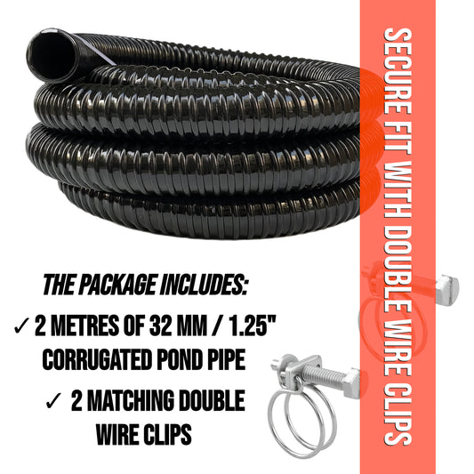 Corrugated Pond Pipe 32mm 1.25" - 2 m Flexible Reinforced Hose & 2 Clips - UV Resistant Ribbed Pipe for Fish Ponds, Pumps, Filters